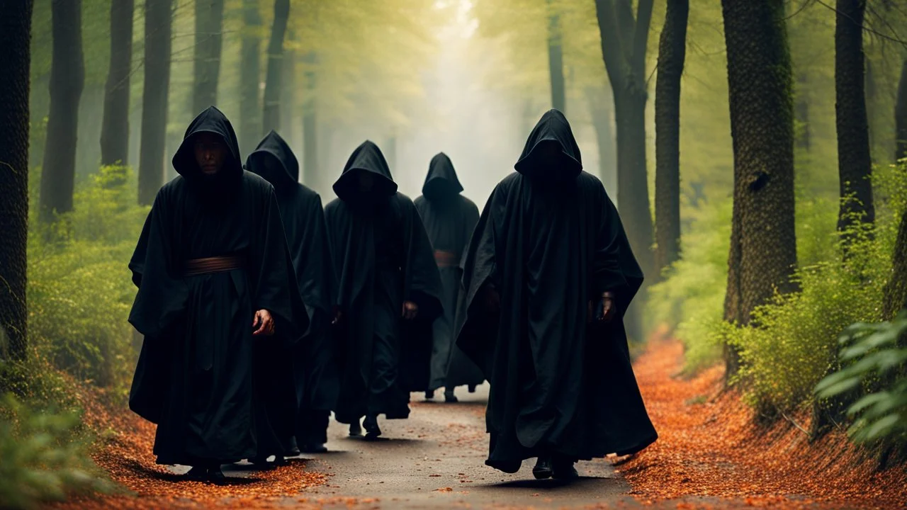 black robe hooded monks on the forest path