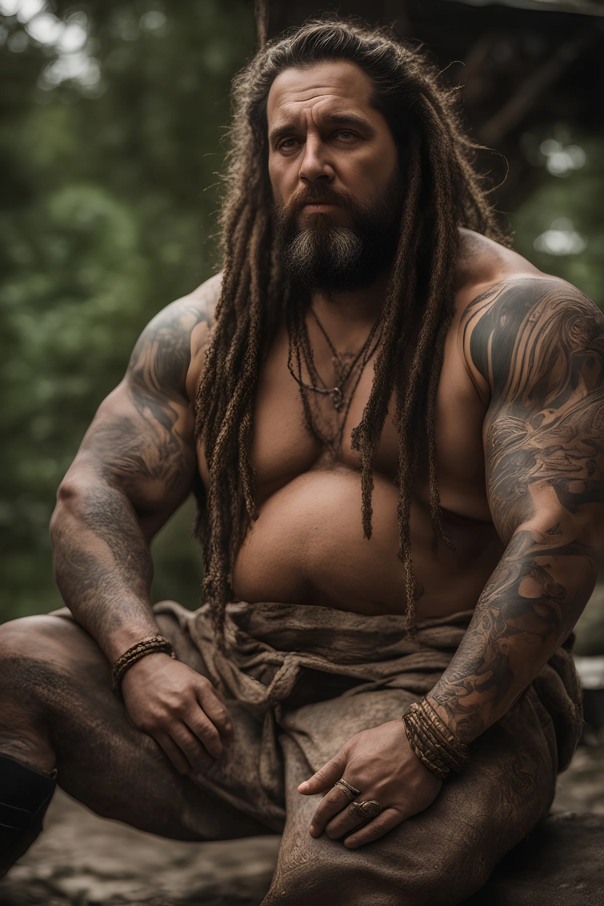 full figure shot, very realistic photography, ugly tired chubby stocky gipsy 35 years old , very oiled body, very detailed, dim light, view from below, short beard, emotive eyes, dreadlocks, tattoo, bullneck, mature barely burly bearded muscled and robust , bulging pants, seamlessly blending big masculine forms , editorial ambiance, cross-processing effects, big shoulders, ambient occlusion , bright shiny light, impressive composition, volumetric light