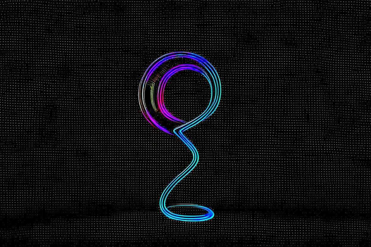 black background, outlines of a holographic question mark drawn from thin neon-coloured glowing lines