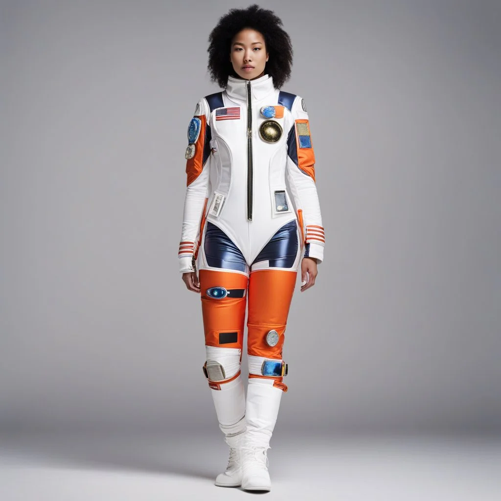 outside, on the moon: the twin women's leotard space suits are not just simple attire, but a fusion of style and functionality. These unique ensembles feature an abundance of zippers and badges, adding an extra layer of visual intrigue to their lunar expedition. The leotards, snug against their bodies, are adorned with various metallic zippers, strategically placed to accentuate their curves while allowing ease of movement. Each zip serves as a tantalizing invitation to explore