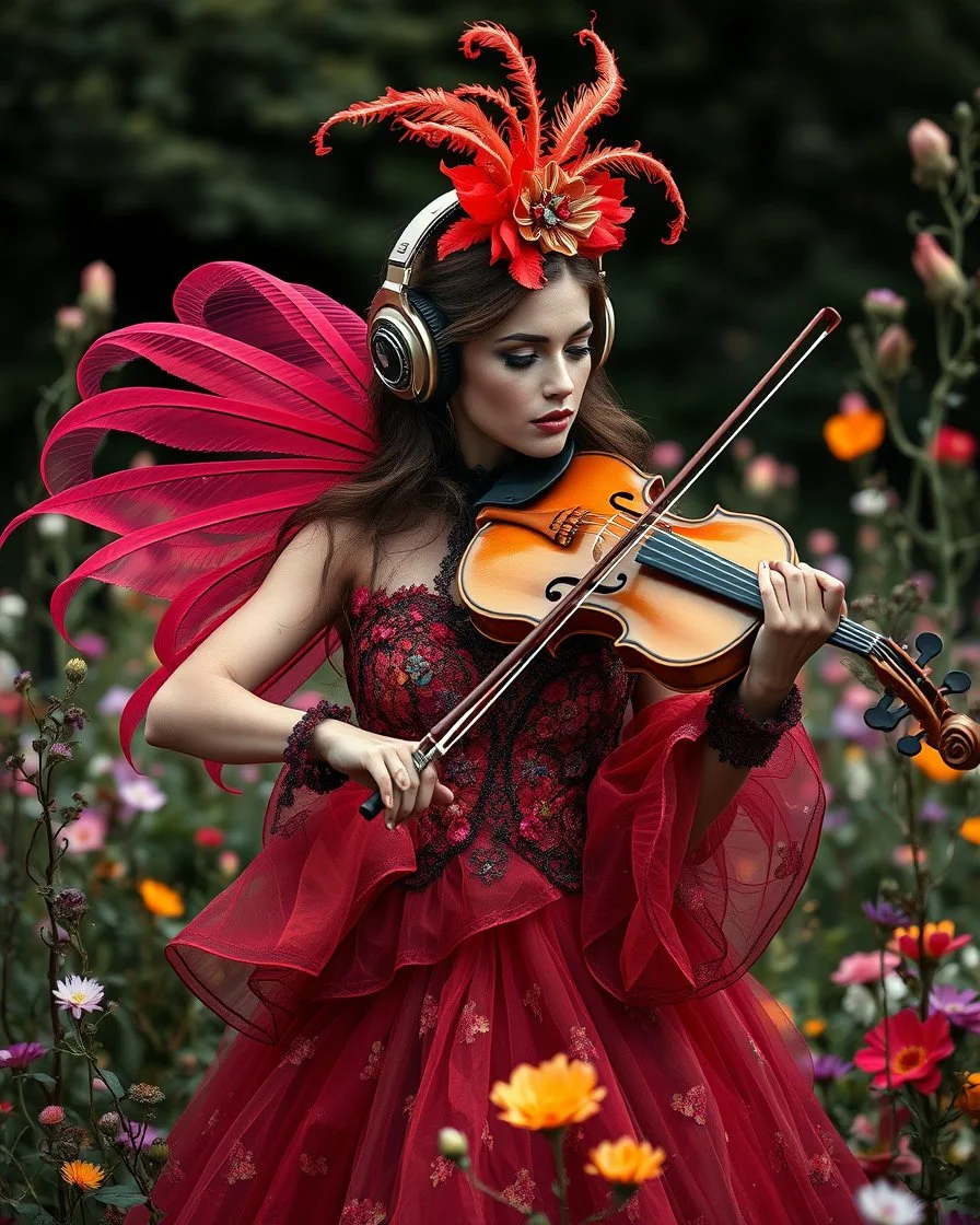 Gorgeous Realistic Photograph Pretty European Supermodel Beautiful, a stunning adorned in vibrant luxury carnival attire, headphones,playing violin standing in garden park flowers,ethereal beauty, black background, with swirling colors and fantastical tiny flowers, enchantment and grace, twisted vines, whimsical, surreal landscapes, emotive style, dreamlike quality, and magical realism, carnival red, ethereal pink, whimsical blue, vibrant green, celestial purple, golden amber