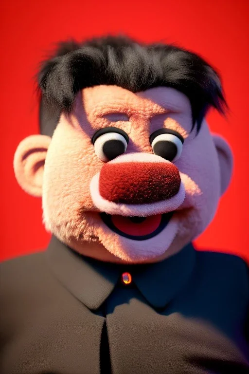 Waist up muppet Portrait, Kim Jong-un as muppet doll, black suit, photo studio, red background, unreal engine 5, concept art, art station, god lights, ray tracing, RTX, lumen lighting, ultra detail, volumetric lighting, 3d.