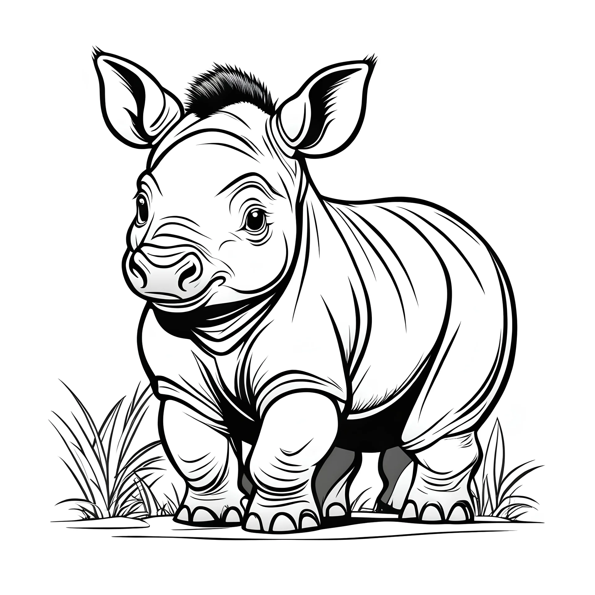 cute cub African Rhinoceros, black and white, white background, clean lines, coloring page for kids, cartoon