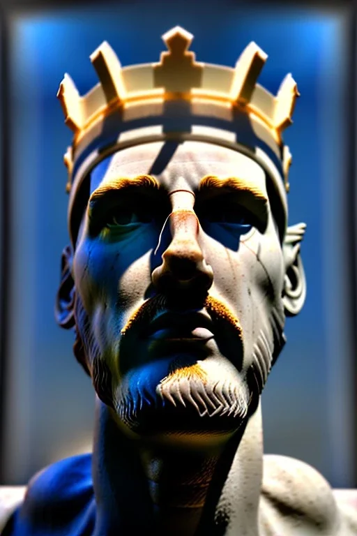 Ultra Realistic image, Roman sculpture, white marble material, Lionel Messi, gold crown of thorns, god crown, baroque ornaments, sun rays background, waist up portrait, epic, celestial, cinematic lighting, God lights, 4k resolution, smooth details, soft lighting, unreal engine 5, art station, substance 3d.