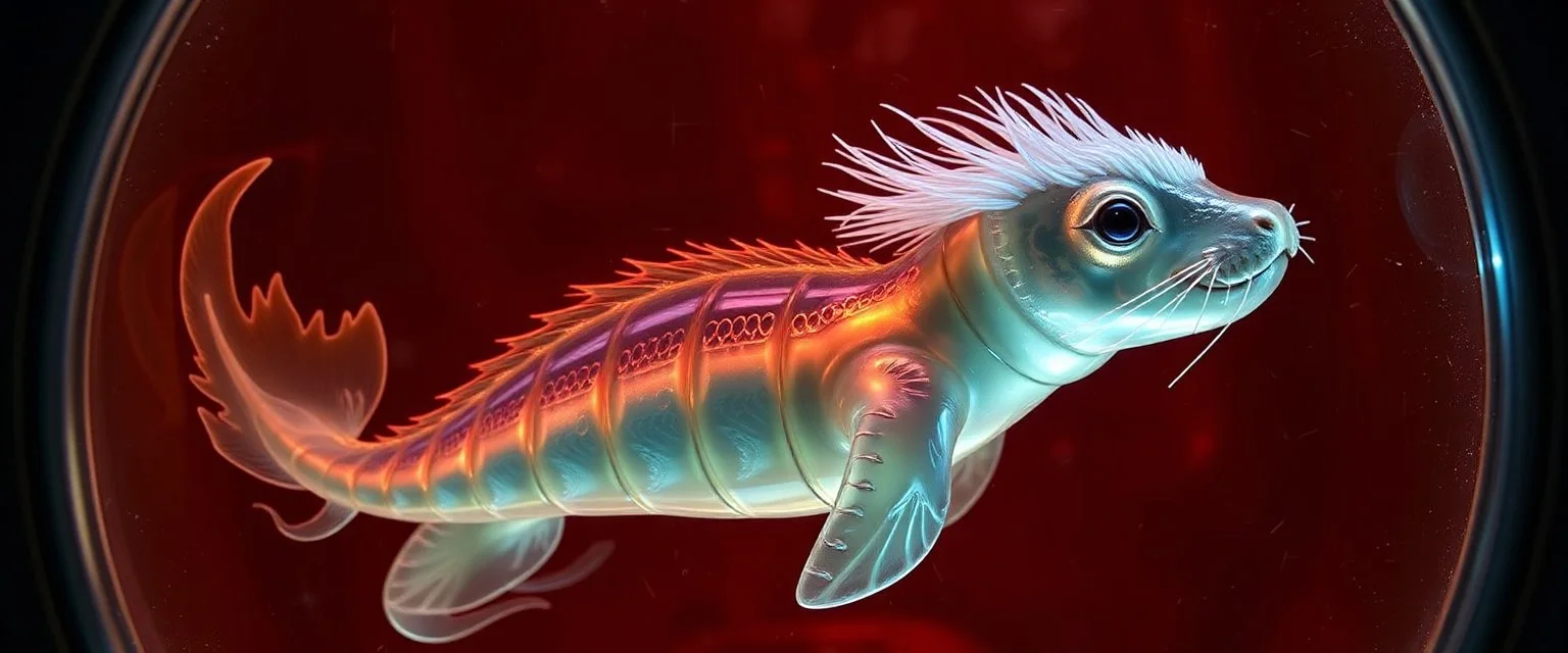 The image depicts a fantastical dragon squid squirrel snow soup, specifically a transparent with neon plasma aura, with a unique and whimsical appearance. The seal dragon is positioned in a circular frame, which suggests it might be inside a container or a vessel. The body is elongated and has a segmented appearance, with a detailed texture that gives it a realistic look. Its head is covered with white, spiky hair, adding to its fantastical charm. From the weird dragon lab.