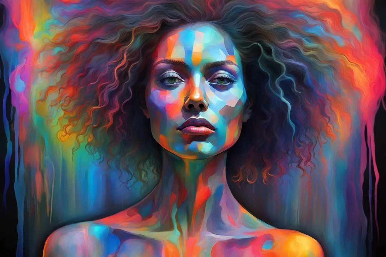 3d neon art of this woman's body, looking at us, digital art, refined, elegant, key light, fill light, backlight, dramatic lighting, colorful, vibrant, dark, blended colors, large brush strokes, sense of depth, natural hair, professional, no watermark, styles of Paul Klee Dee Nickerson and Tim Burton, melting watercolor and black ink outlines on wet paper, soft, shading strokes, in sunshine, ethereal, otherwordly, cinematic postprocessing, bokeh, dof