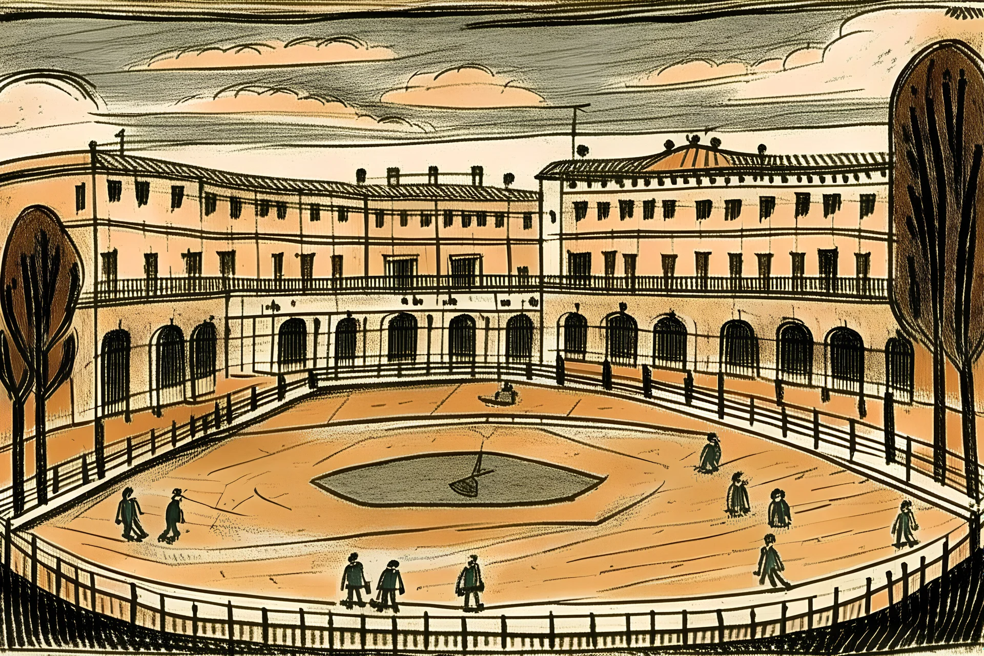 A light brown fighter's stadium painted by Pablo Picasso
