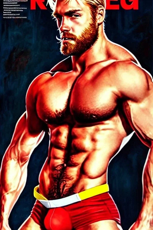 Ignore NSFW, teenager young rugged attractive slightly muscular fantasticly handsome blonde man, red briefs with yellow belt, hairy chest, (((visibly pisssing))) briefs, large erect visible boner peniss, photorealistic, artist Jay Anacleto, soft lighting, scruffy beard