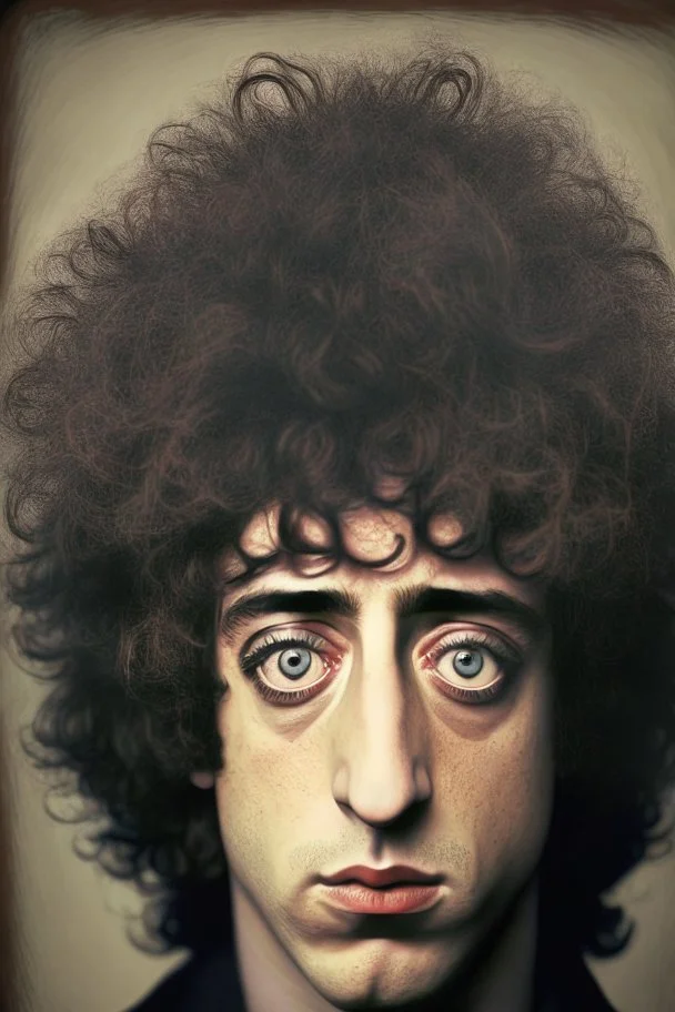 Bob Dylan face with big eyes and fathered hair