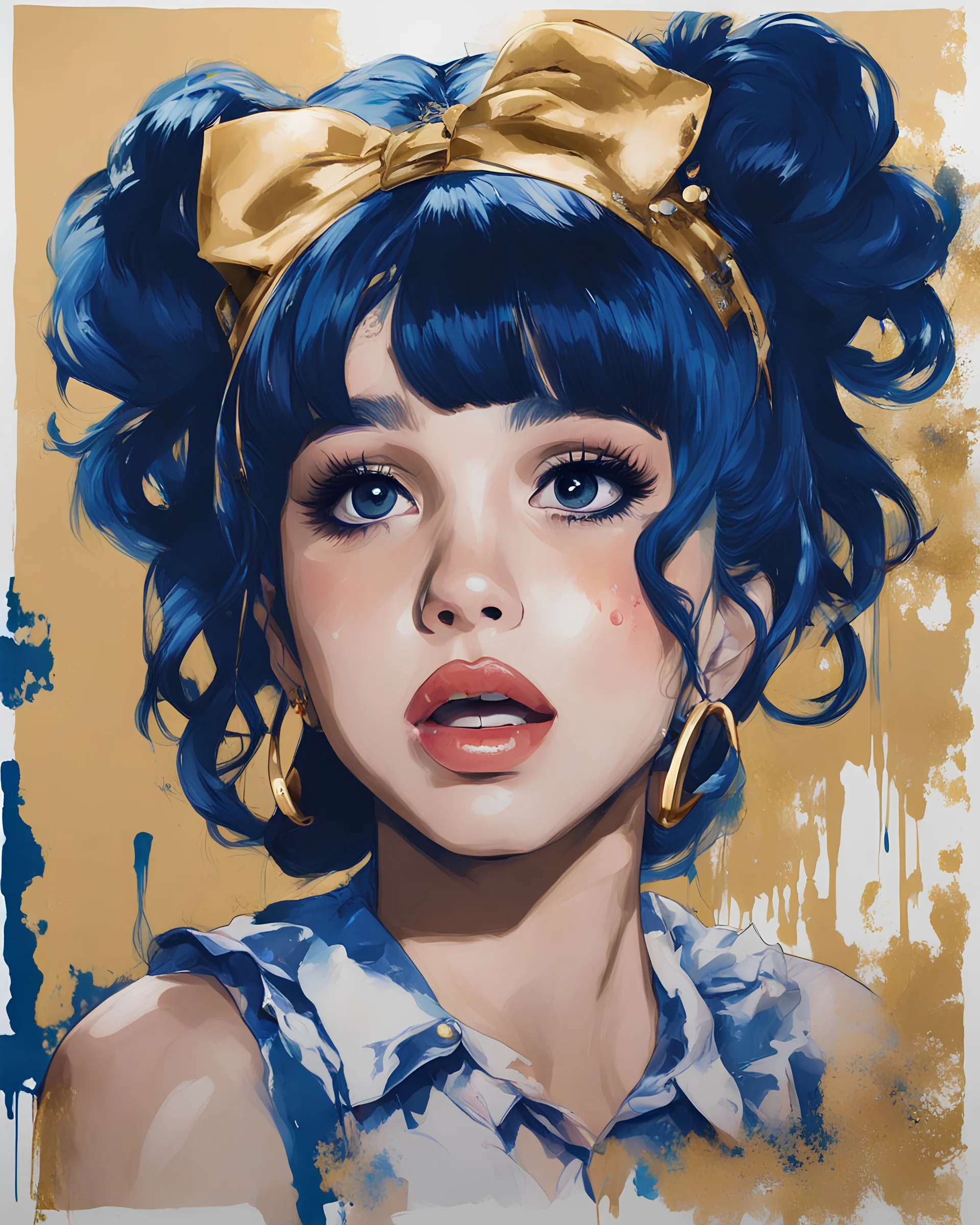 Poster in two gradually, Singer Melanie Martinez face, painting by Yoji Shinkawa, a one side darkblue and other side gold tones,