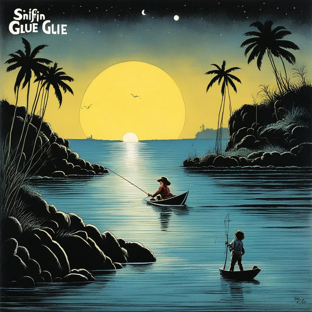 SNIFFIN’ GLUE magazine illustration cover by Marcel Gotlib, special issue on One night, a young fisherman named Mateo sets out to sea, unaware of the dangers that await him. As he casts his nets into the dark waters, a creature With the body of a fish and the face of a human,
