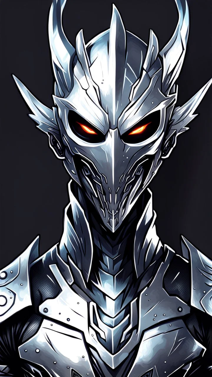 Logo silver skinned anime Dragman cyberpunk with dragon mask in his eyes (((full body)))