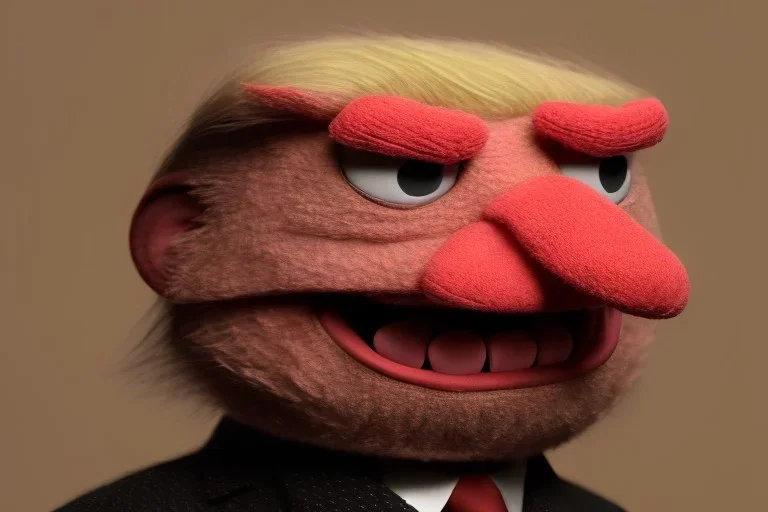 Angry muppet trump in suit, no tongue, looking forward, face, puffball nose