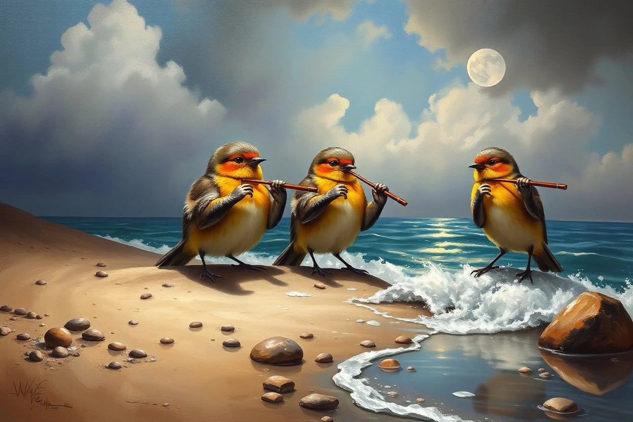 Little Birds are playing Bagpipes on the shore, Where the tourists snore: "Thanks!" they cry. "'Tis thrilling! Take, oh take this shilling! Let us have no more!" Modifiers: highly detailed oil on canvas masterpiece beautiful award winning Unreal Engine very cute Jacek Yerka acrylic art Jean-Baptiste Monge Surrealism Daniel Merriam naoto hattori Catrin Welz-Stein Esao Andrews Ray Caesar Gabriel Pacheco Bridget Bate Tichenor yippy-ty-o-ty-ay The Strangeness of Thomas :-) Anna Zinkeisen