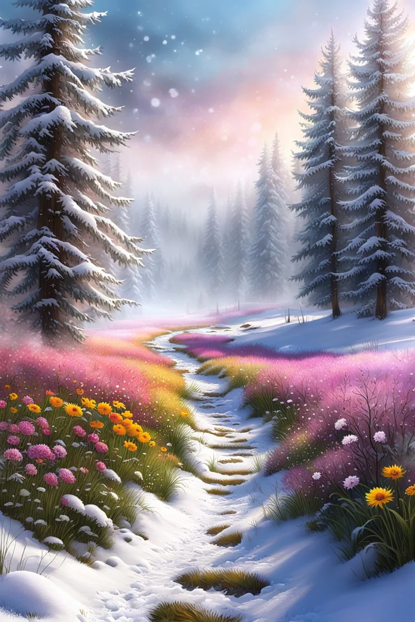 a field filled with lots of flowers next to a forest, footsteps in the snow, beautiful mattepainting, splashes of colors, path, very attractive and beautiful, heavy mist, ( land ), pathway, color splashes, beautful view, soft edges, stunning screensaver, beautiful - n 9, computer painting, john eaves