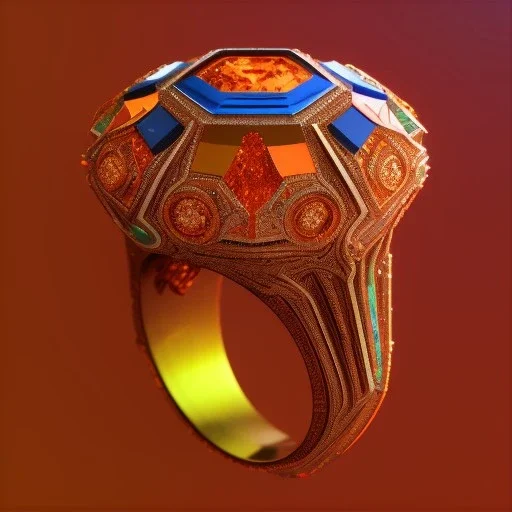 Ring made by wood roots and shreds of glass, orange diamonds sparkles, red rubi fragments around, blue lights reflexes, complex structure, gold details, intricate ring pattern, product studio shot, very detailed, 3/4 shot, octane render, 8k, 60° shot, Unreal Engine 5, lens macro,sharp focus, realistic, hyper detailed, studio lighting, neon light ambient,