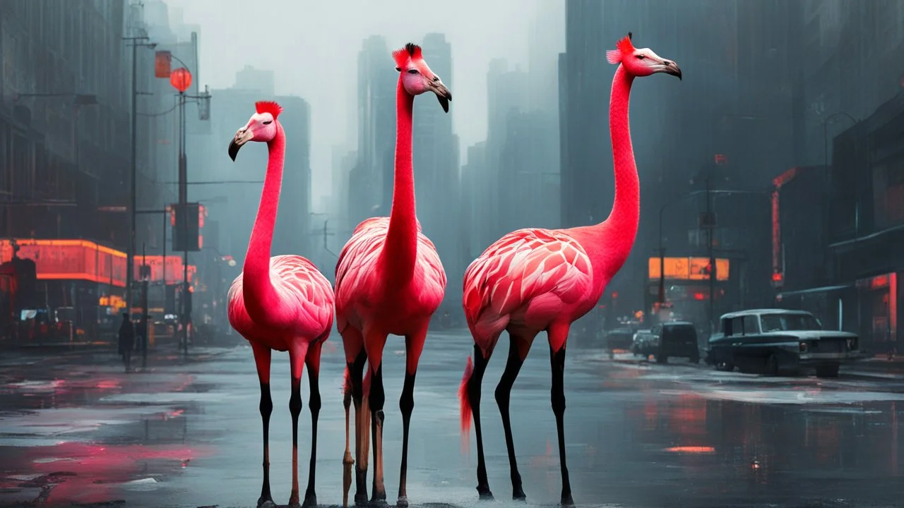 three giraffe-headed flamingos with giraffe neck and head and giraffe pattern, standing in a gloomy cyberpunk downtown kerbside in overdrive, acrylic and oil, minimalist, cinematic, dramatic, (glitch deconstruction:1.7), centered,, amazing verticals, excellent parallels