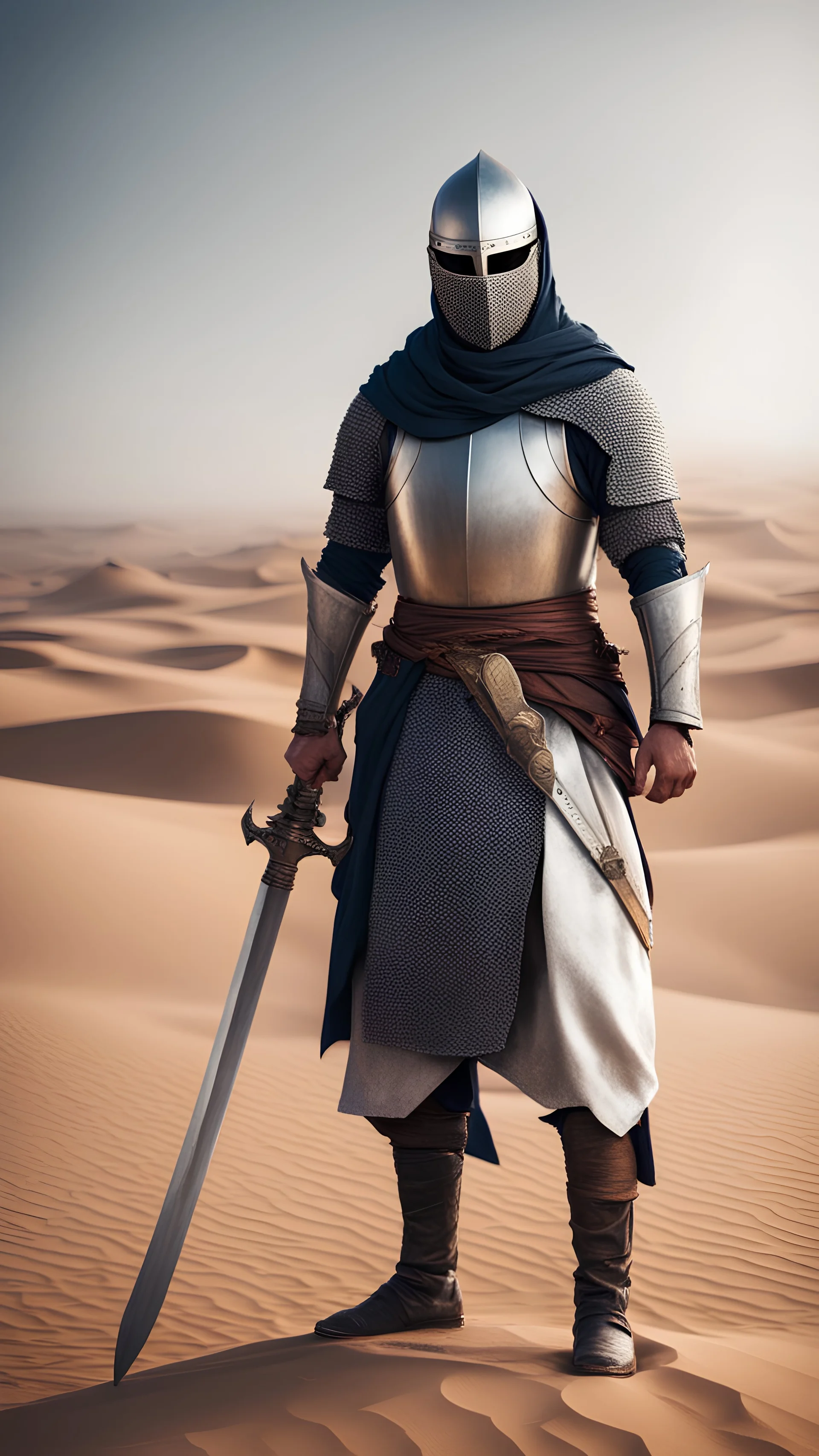 Muslim knight, strong build, holding a sword, standing in the desert, face masked