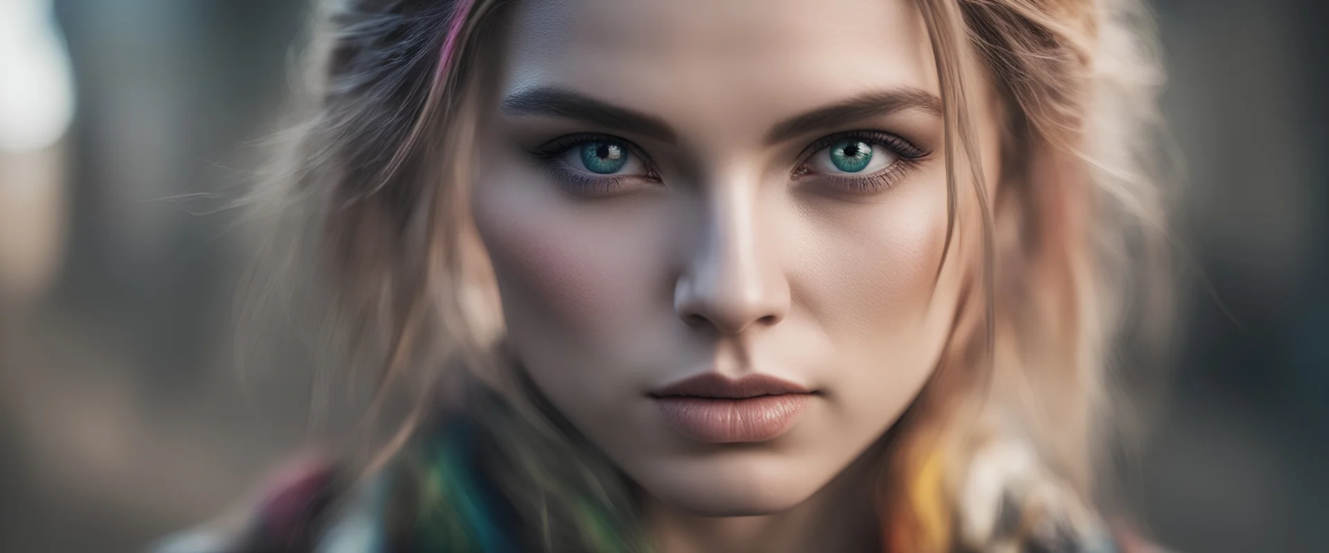 Photoreal gorgeous shot of young woman with rainbow eyes, warrior. forgotten realms fantasy style by lee jeffries, otherworldly creature, in the style of fantasy movies, shot on Hasselblad h6d-400c, zeiss prime lens, bokeh like f/0.8, tilt-shift lens, 8k, high detail, smooth render, unreal engine 5, cinema 4d, HDR, dust effect, vivid colors