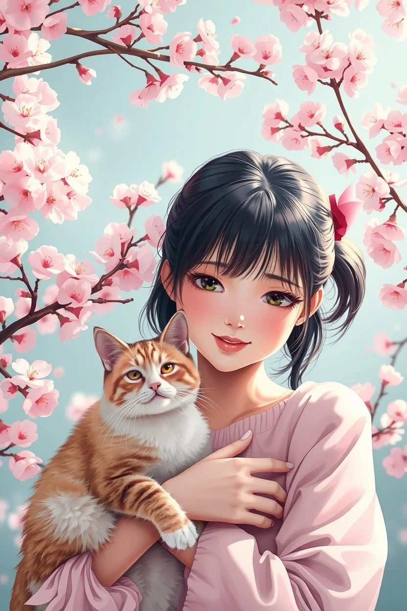 Make a cool background with cherry blossoms. with a beautiful young girl and her cat