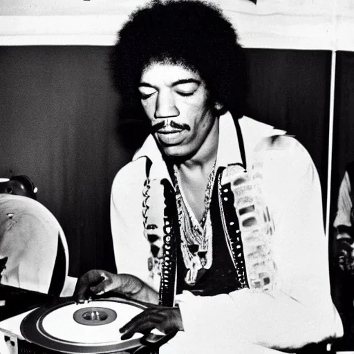 Jimi Hendrix at a turntable with headphones on being a DJ, cigarette