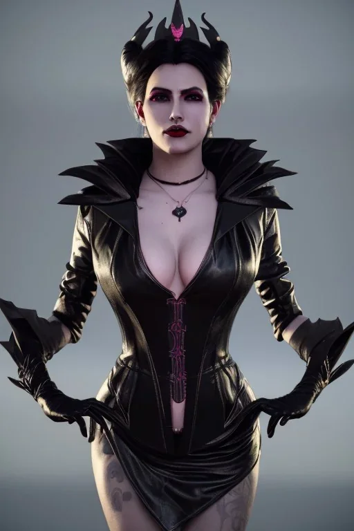 Morrigan Hel as evil queen in black leather gown, cleavage, angry, unreal 5, octane render,cinema4d, dynamic lighting, dramatic lighting, 4k, redshift render, highly detailed, hyper realistic