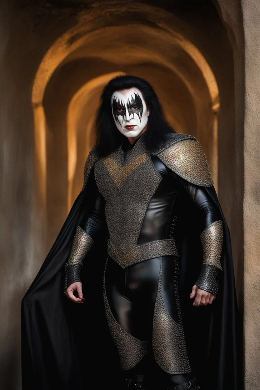 text 'KISS' - head and shoulders portrait, KISS 20-year-old Gene Simmons, black spandex, steel shoulder and chest armor, black cape, studded codpiece, 8-inch platform boots, ponytail, - a multicolored cement wall in the background,