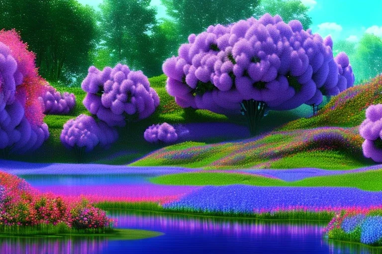 monde en fleurs, blue lake, flower tree-houses, concept art, crépuscule , fuksia bleu oranger, vibrant Color, réaliste, riviere bleu, tree-house bougainvillier, roses