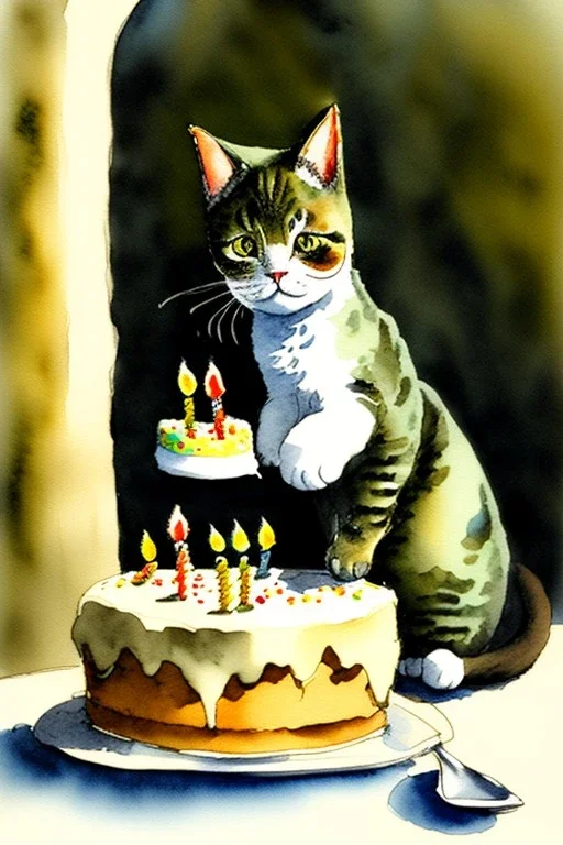 A cute cat is having a birthday cake. Watercolour