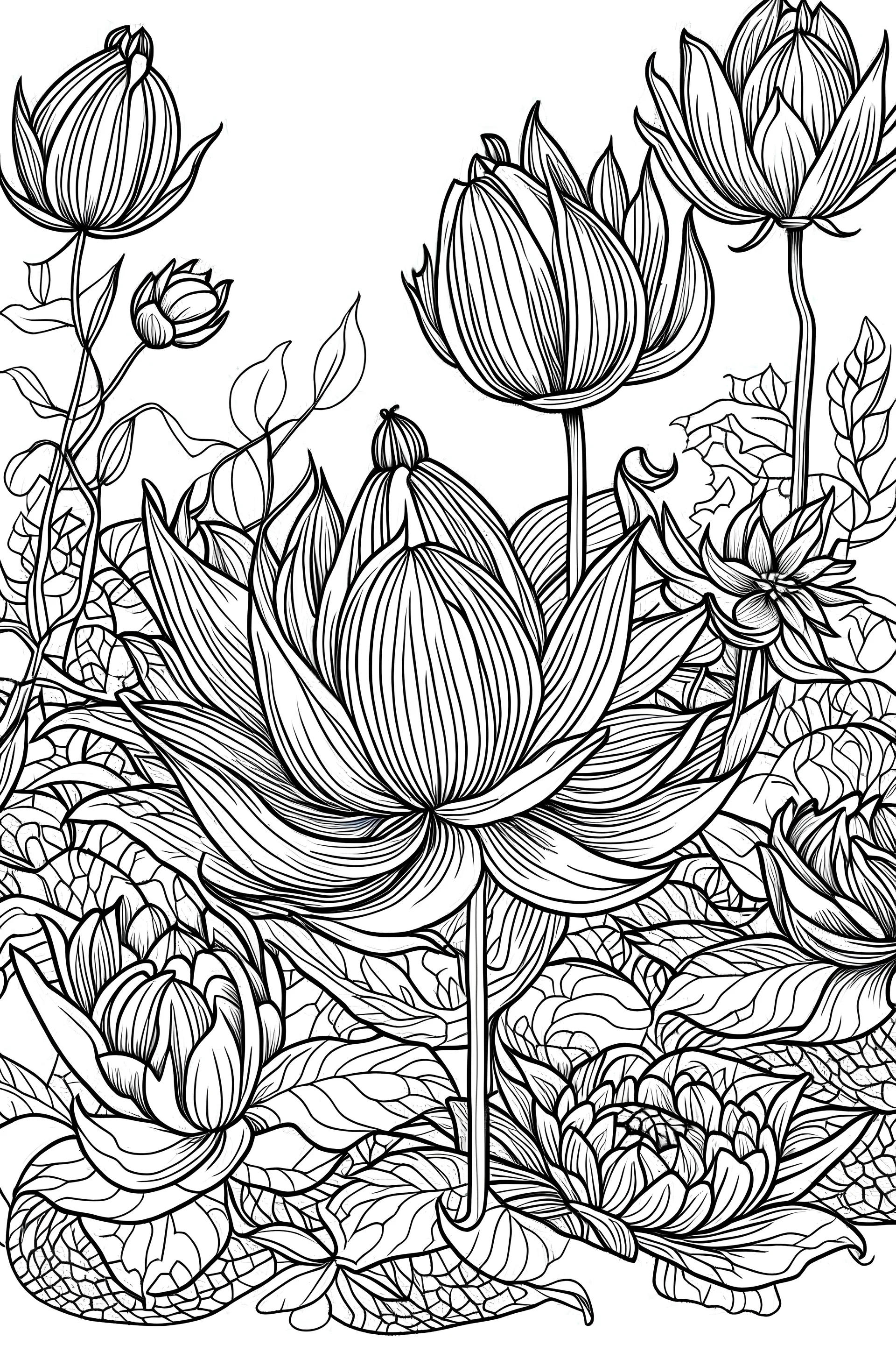 Black and White Coloring Book Page ,Lavande de lotus Coloring Book, Full White, Lavande de lotus, White Background,Variety Lavande de lotus patterns, clean calligraphy, drawing style, calligraphy,use outline only