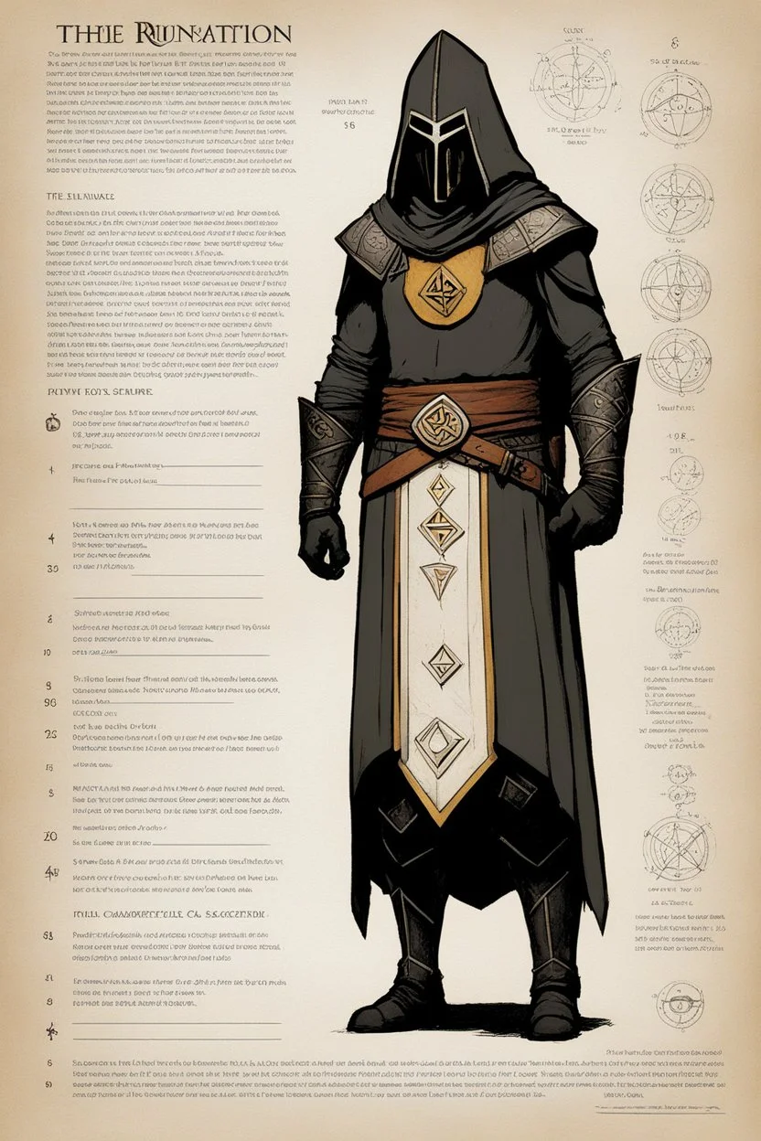 character concept sheet with AD&D statistics and characteristics, [illustration by Hugo Simberg] the masked figure with living runes character class. Power: flesh to sculpture, glowing runes, ritual from beyond perception
