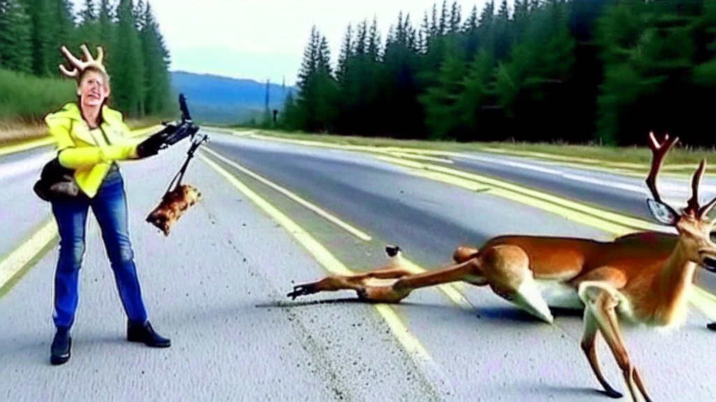 upset lady points handgun at deer carcass on the highway