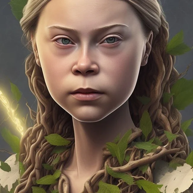  Greta Thunberg portrait olumetric leaves and gnarled branches environment and background, close-up full face portrait young girl, tattoo of leaves and gnarled branches extending past face and morphing into reality, 8k, high quality, anime, detailed eyes, intricate, digital art, detailed matte, volumetric lighting, illustration, octane render art, small minutiae, tiny features, particulars, hires, 8k, uhd, realistic shaded volumetric lighting, ambient occlusion, backlight, volumetric clouds, exa