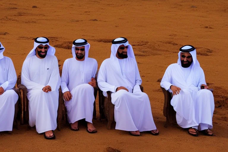 Four Arab sheikhs sitting in the desert wearing typical Arab dress, looking towards the four cardinal points. A talll fat european man in business suit wathhing them while thinking.