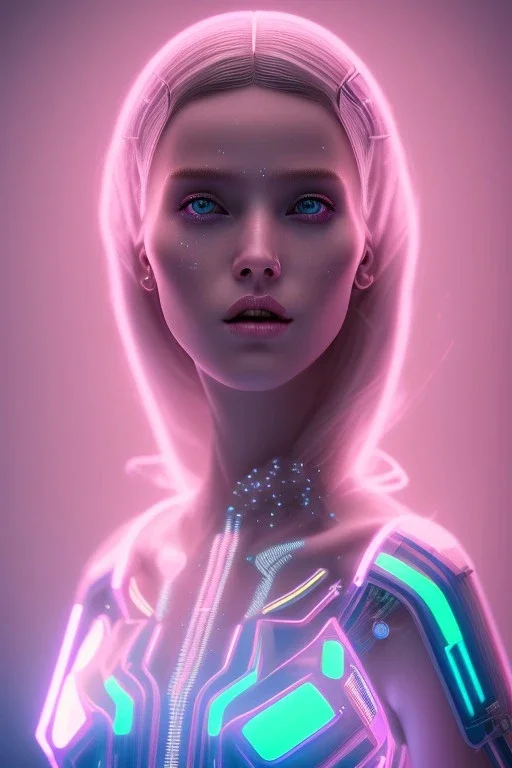 cyberpunk, head, women, portrai, tron sketch of a girl on lined paperA beautiful one nude body of a make up smiling woman blond long hair, alone, high key lighting, volumetric light high details with white stripes and blue eye, smiling with plump pink lips, flowers around, unreal engine petit prince belle fine, profil de trois quart, grand front cosmique, peau bleu cristalline, yeux bleu, perle sur le front long cheveux blond et rose etoilé, cristaux sur le corps, collier de grande princesse, l