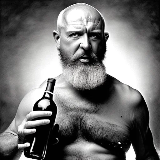 burly ugly 58 year old man bald with short beard and tank top manly chest chooses a bottle of wine in a cellar full of wine bottles dramatic light angry eyes highly detailed