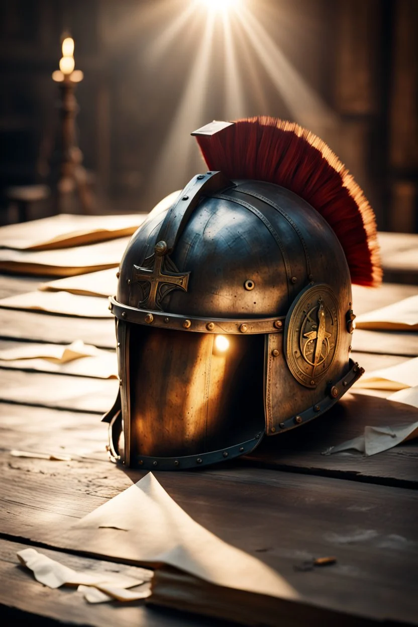 The Roman centurion's helmet lies on an old cracked wooden table. Next to the helmet, on the table, lies a cross on a string and a scroll of parchment. A ray of sunlight reflects off the helmet. All around is the entourage of ancient Rome. High quality image in 8K