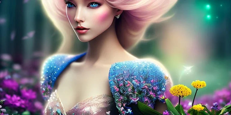 bright fairy, beautiful portrait, flowery landscape