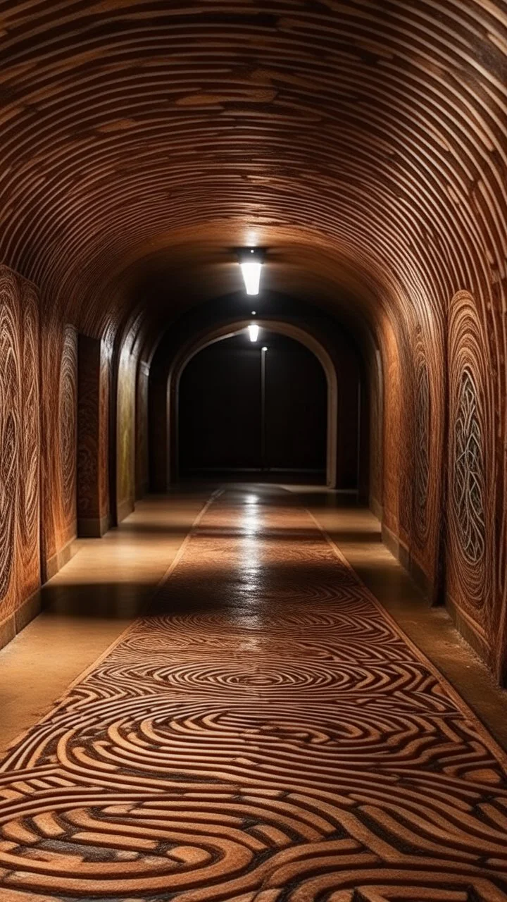 A tan underground tunnel with twists and turns designed in Australian aboriginal art