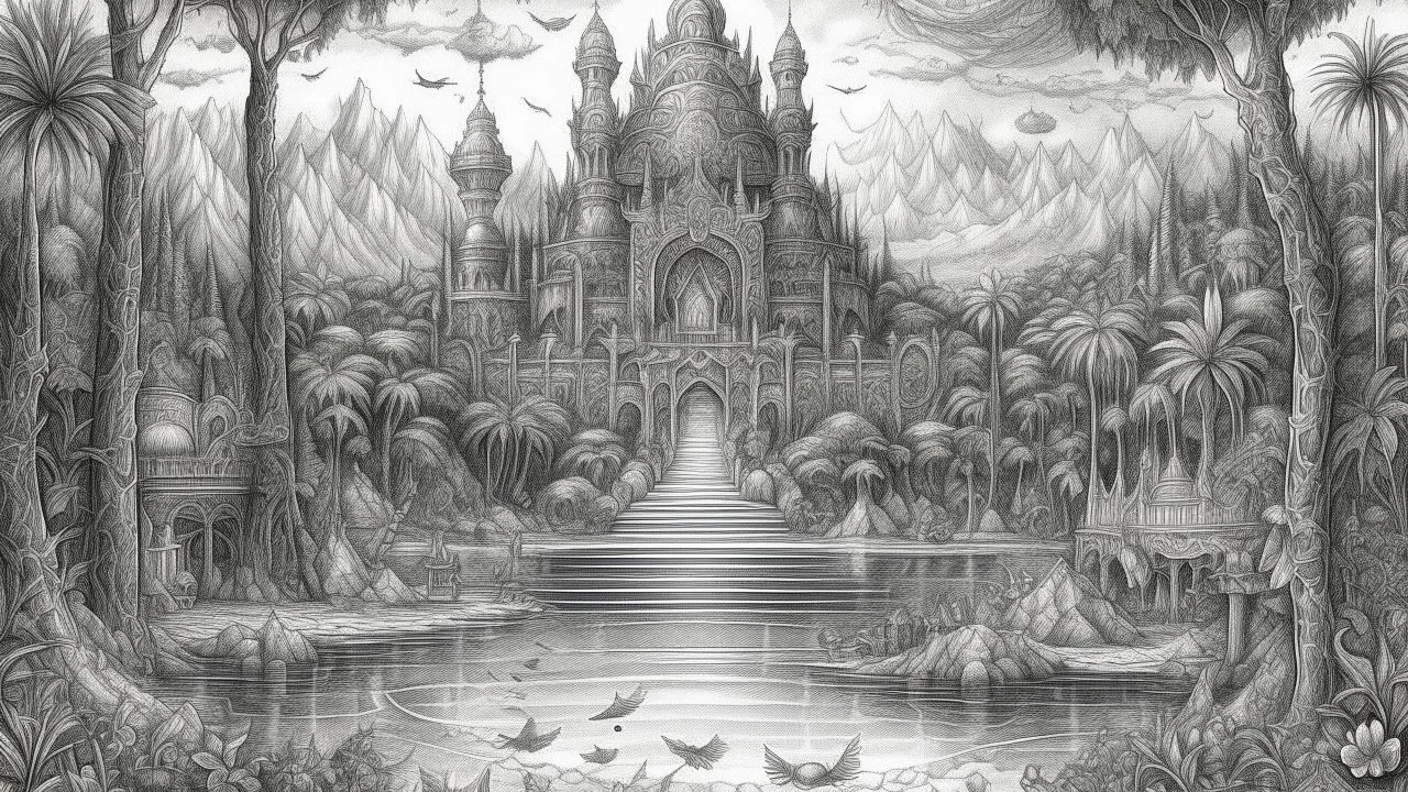 pencil sketch, relaxation, luxury, dream world, calm beauty, symmetry, fantasy world, magic, beautiful composition, exquisite detail