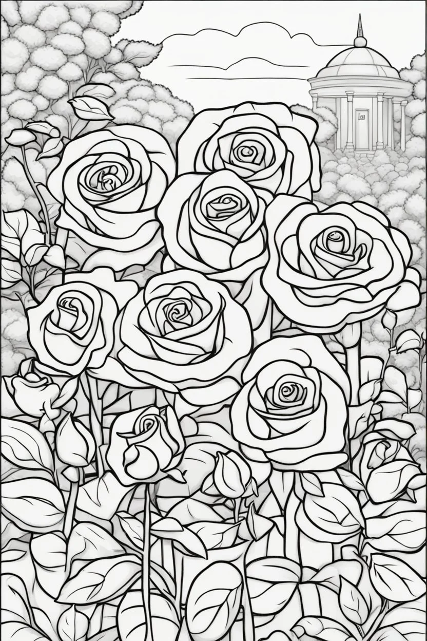 kids coloring page, rose garden, cartoon style, thick lines, low detail, no shading