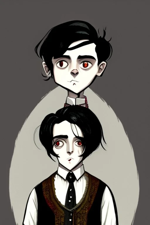 black haired young man wizard with gothic jewelry in the style of charles addams