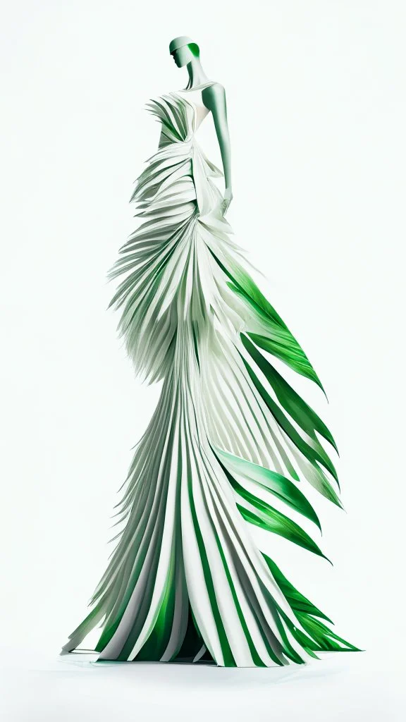 1mannequin, pageant dress, dress inspired by fan palm, pan palm, beautiful, flowing, green, elegant, full body frame, full body, hd, ultra realistic, dress displayed in the mannequin, white background, aesthetic, pastel color