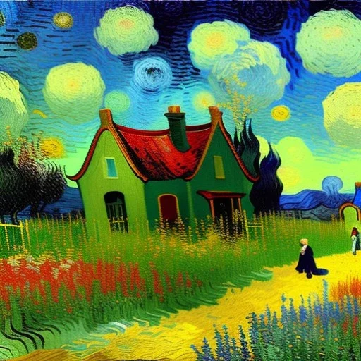 Dibujo al oleo de una pradera con una casa y unos niños con muchas nubes de colores estilo Vincent van Gogh