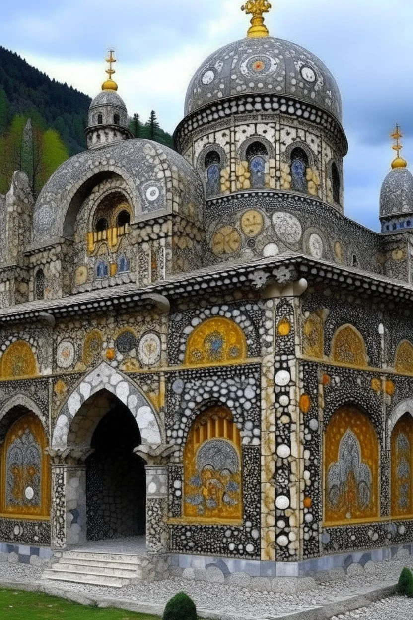 A gray monastery made out if steel designed in Ica stones painted by Gustav Klimt