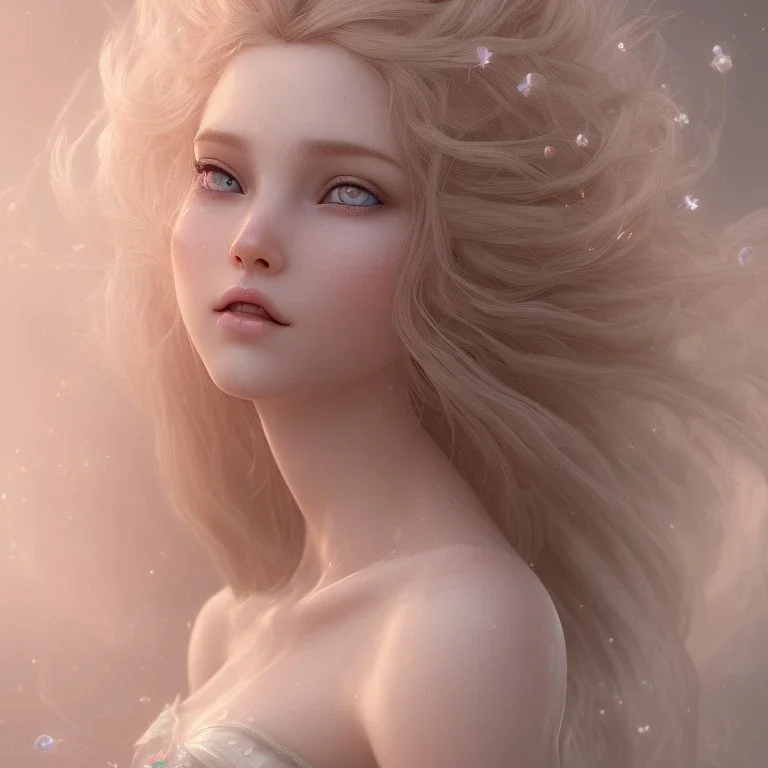 fairy style, head, women, portrai,long hair beautiful one nude body of a make up smiling woman blond long hair, alone, high key lighting, volumetric light high details with white stripes and blue eye, smiling with plump pink lips, flowers around, unreal engine petit prince belle fine, profil de trois quart, grand front cosmique, peau bleu cristalline, yeux bleu, perle sur le front long cheveux blond et rose etoilé, cristaux sur le corps, collier de grande princes