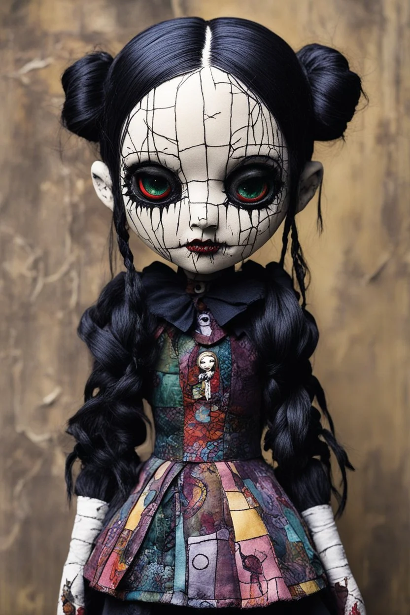 full color, illustration of a dark menacing Victorian goth vampire girl, ala Wednesday Addams, as a decayed, broken, crude homemade patchwork cloth doll toy, with a cracked porcelain face, hair made from ragged strips of cloth, art in the style of Alex Pardee and Tim Burton