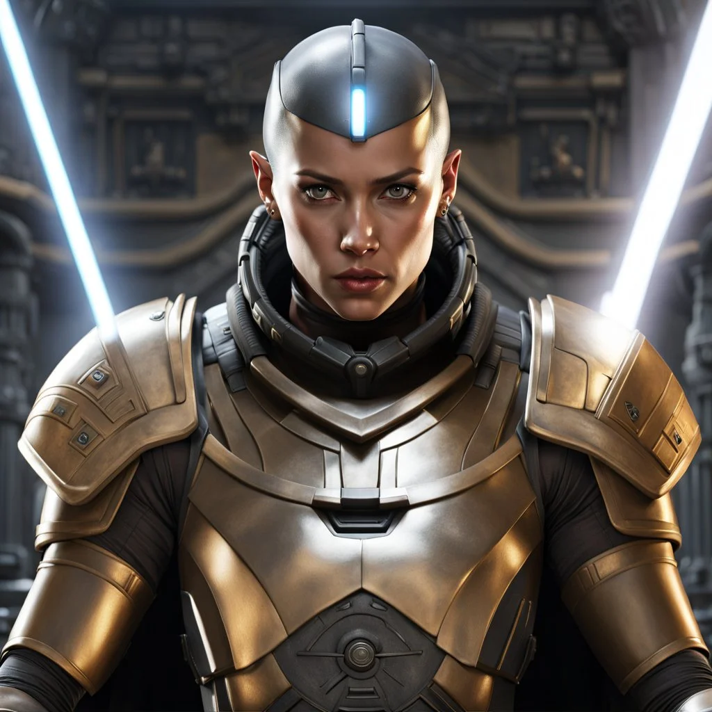 a bold and heroic bald male Corellian pilot in black and metallic grey First Order special forces gear meets a female Jedi Master in ancient, mystical temple, hyperdetailed, dynamic lighting, hyperdetailed background, 8k resolution, volumetric lighting, light skin, fully symmetric details