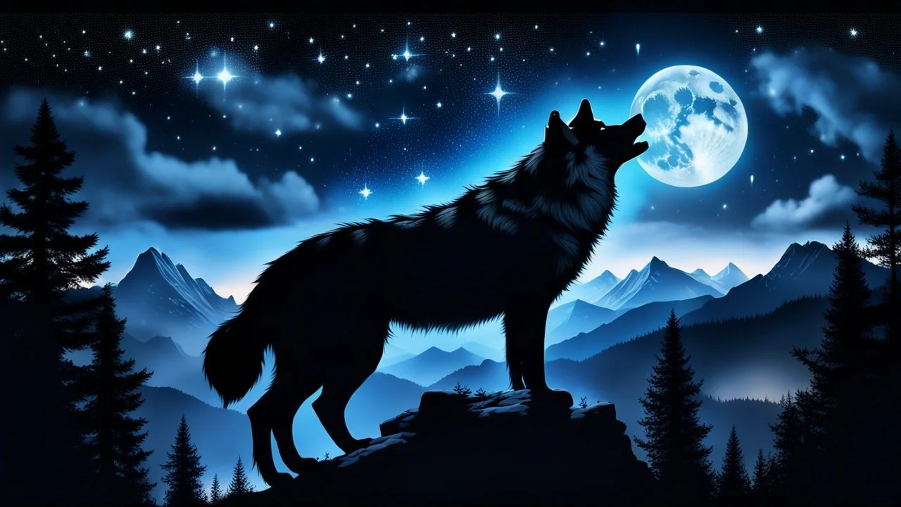 Hyper Realistic Silhouette Of A Big Wolf Howling On A Mountain Top With Lots Of Fireflies Around It & Beautiful Stars & A Cloudy Full Moon At Dark Night With 7 big blue crystals Glowing in the dark around the Wolf Showing Dramatic & Cinematic Ambiance.