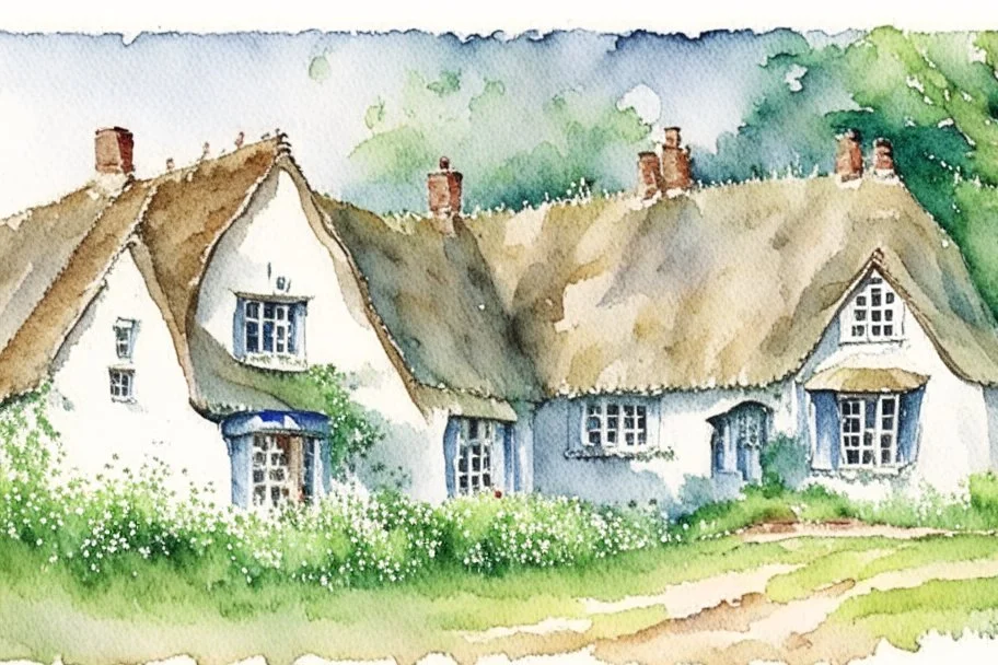 Detailed loose watercolour of an small English cottage